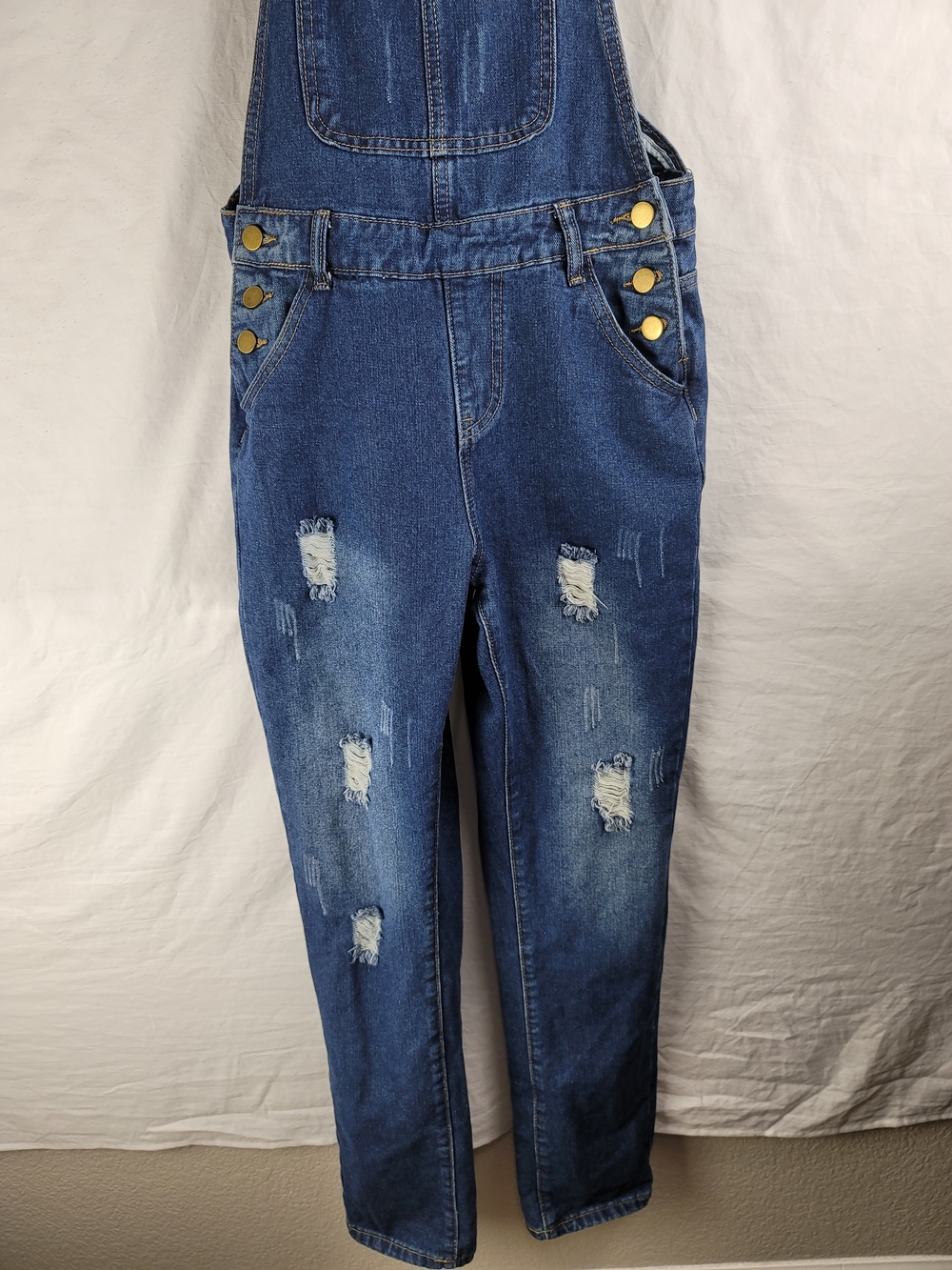 Dark Blue Distressed Women's Denim Overalls with Adjustable Straps - Picture 4 of 9